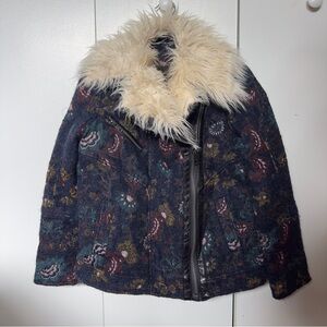 Free People Tapestry Jacket Faux Fur Collar